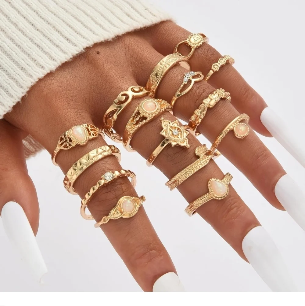 Gold Opal Accent Women's Ring Set - 15 Pack
